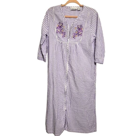 Country Store Purple Striped Floral Front Zip Cotton House Coat Robe Size M - Picture 1 of 11